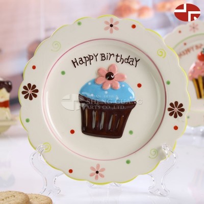 Ceramic cake design with painting dolomite round shape ceramic cake fruit sancks plate